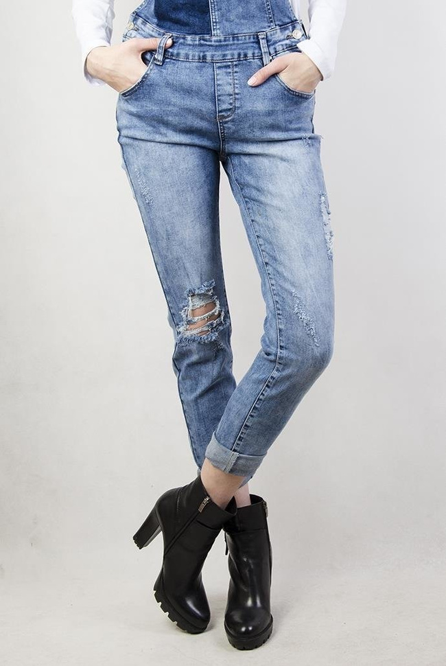 Spodnie jeansowe ogrodniczki, z przetarciami