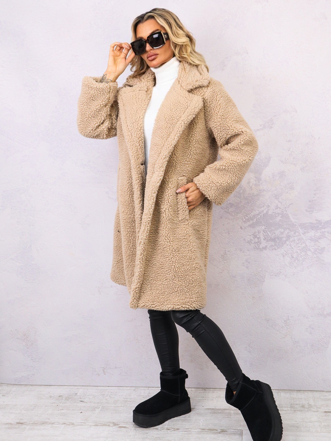 BRĄZOWY PŁASZCZ PLUSZOWY Z KOŁNIERZEM