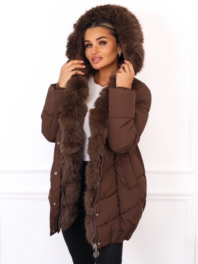KURTKA PIKOWANA ZAPINANA NA ZAMEK I ZATRZASKI- CZEKOLADOWA