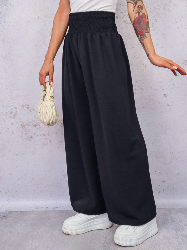 SPODNIE MATERIAŁOWE Z SZEROKIMI NOGAWKAMI I GUMĄ W PASIE- CZARNE