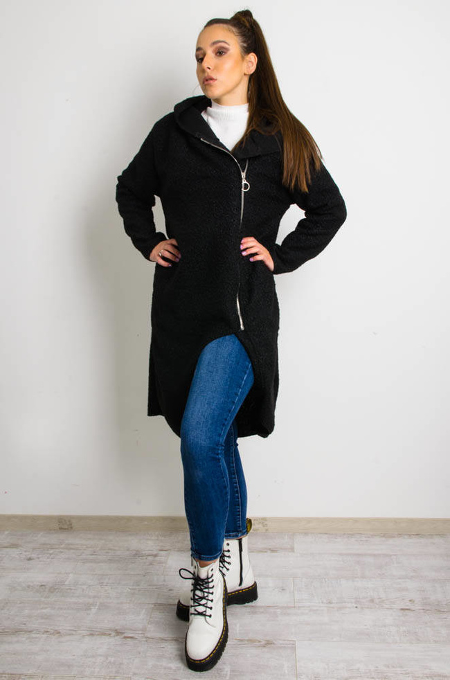 CZARNY MELANŻOWY PŁASZCZ Z WYCIĘCIEM 