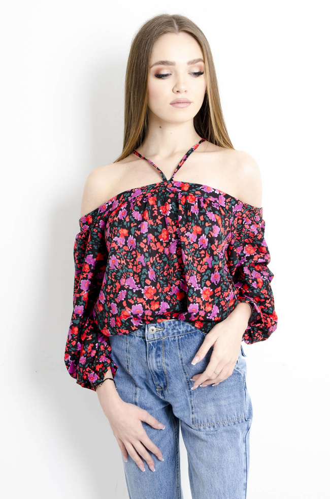 BLUZKA HISZPANKA W KWIATY- CZARNA