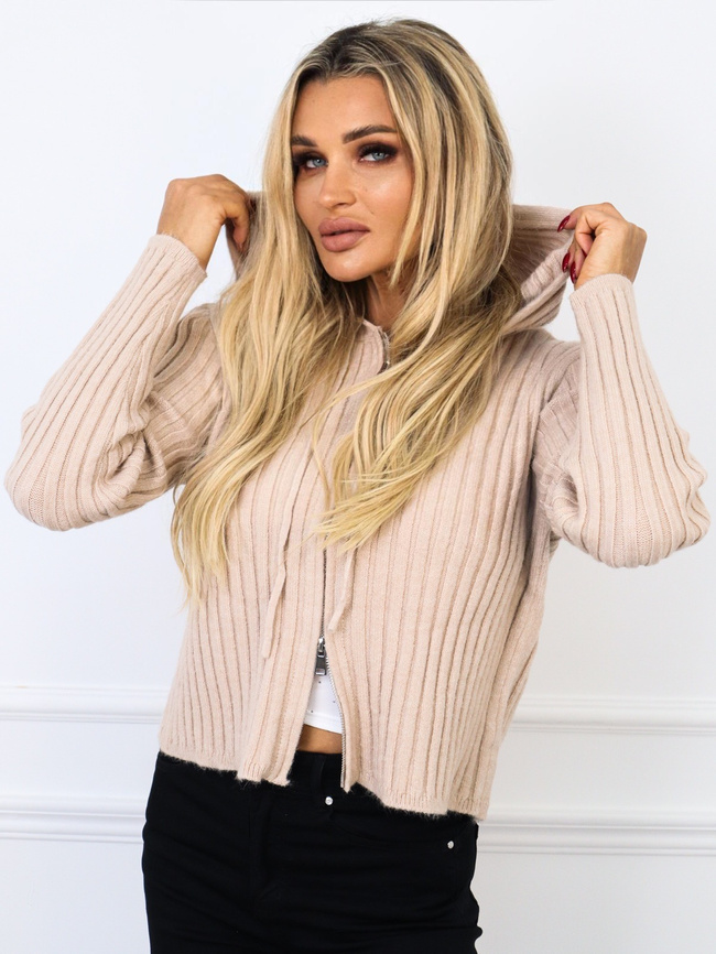 DZIANINOWA BLUZA W PRĄŻEK Z KAPUREM NA SUWAK- BRĄZOWA