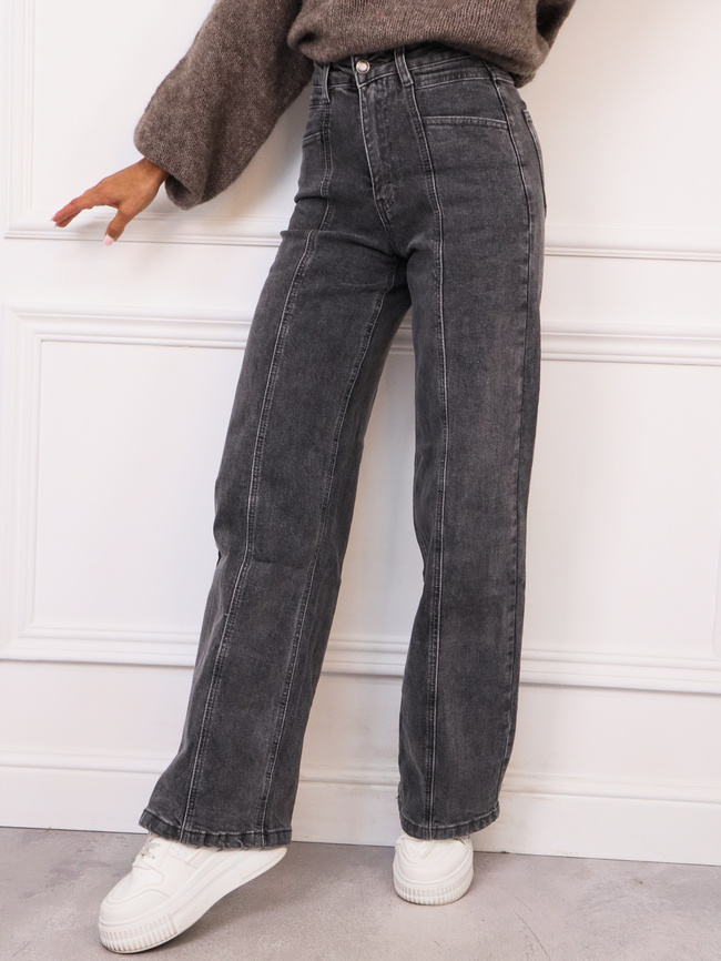 SPODNIE JEANSOWE Z PRZESZYCIAMI I KIESZENIAMI Z PRZODU- CIEMNOSZARE