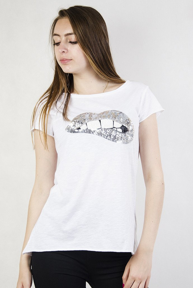 Biała bluzka z cekinowymi ustami
