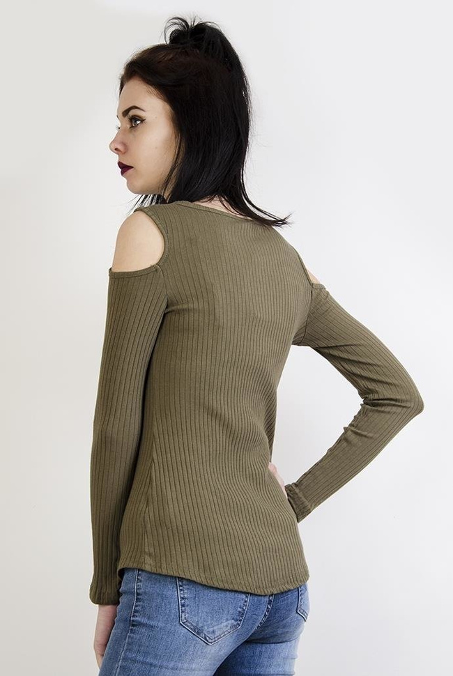 Zielona prążkowana bluzka z wycięciami na ramionach
