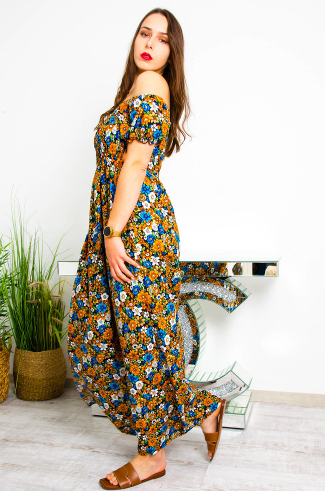 CZARNO-POMARAŃCZOWA DŁUGA SUKIENKA HISZPANKA W KWIATY 