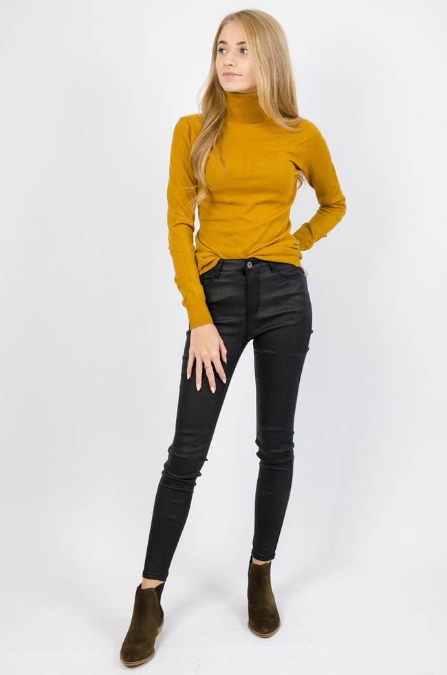 MUSZTARDOWY CIENKI SWETER Z GOLFEM