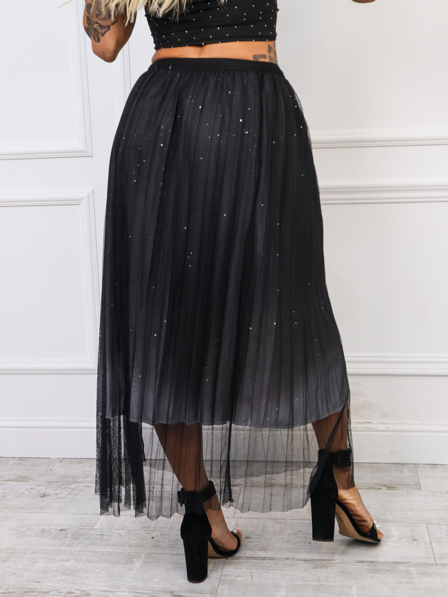 BŁYSZCZĄCA TIULOWA SPÓDNICA MIDI- CZARNA