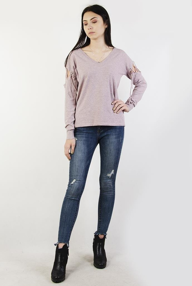 Jasnolawendowy sweterek z wiązaniami przy ramionach