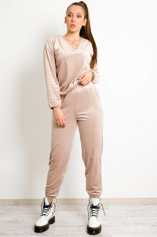 BEŻOWE WELUROWE SPODNIE DRESOWE