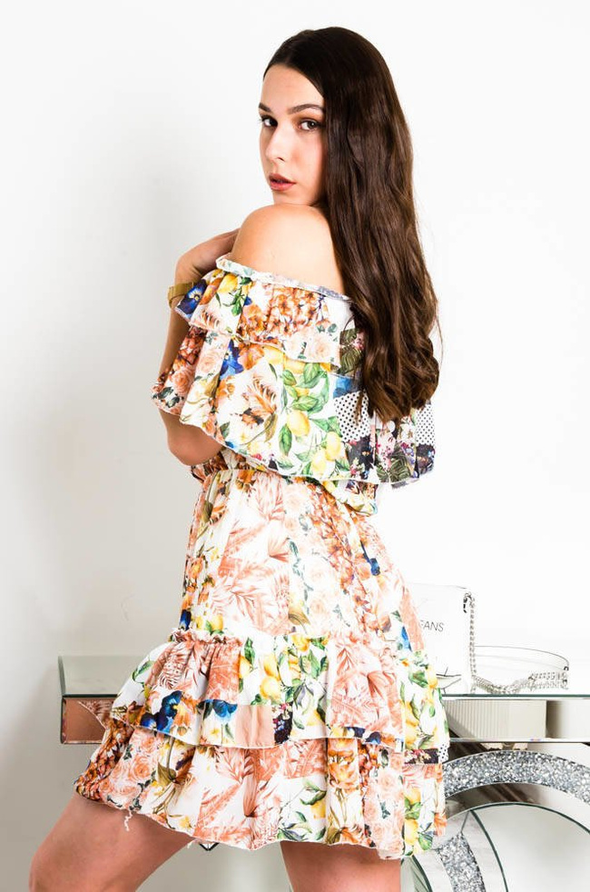 BIAŁA SUKIENKA HISZPANKA W KWIATOWO-OWOCOWY MOTYW