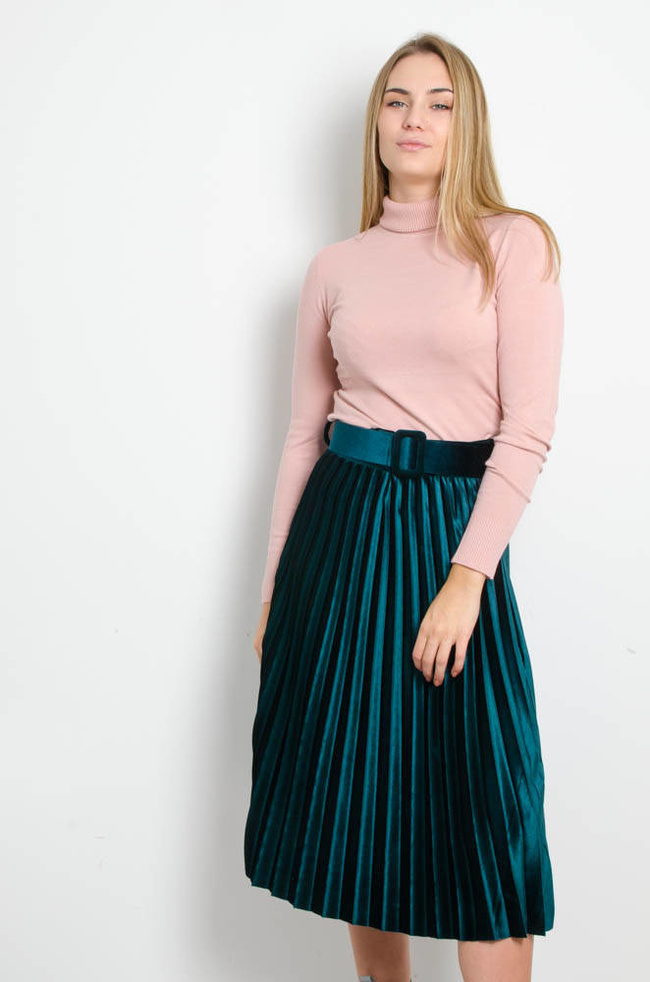 ZIELONA WELUROWA PLISOWANA SPÓDNICA Z PASKIEM-MIDI