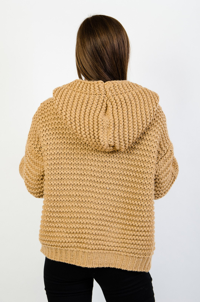  Brązowy pleciony sweter z kapturem 