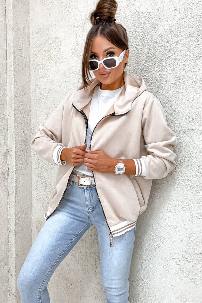 BLUZA ZAMSZOWA Z KONTRASTOWYMI ŚCIĄGACZAMI- BEŻOWA