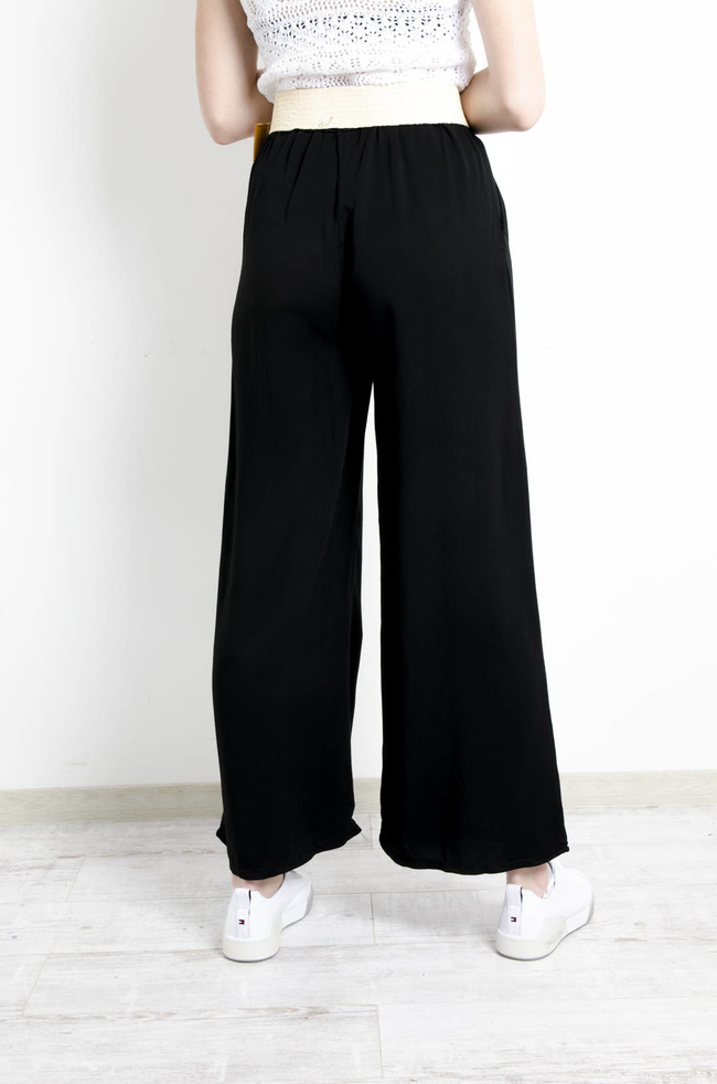 SPODNIE MATERIAŁOWE Z PLECIONYM PASKIEM- CZARNE