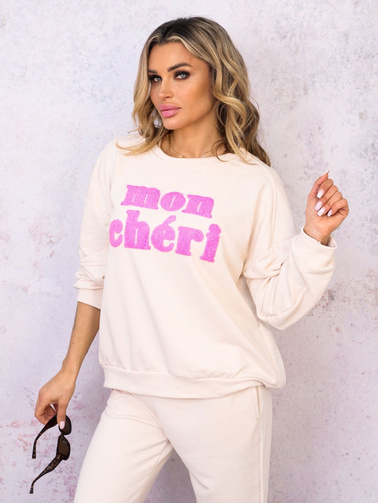 KOMPLET DRESOWY BLUZA Z NAPISEM+ SPODNIE- BEŻOWY