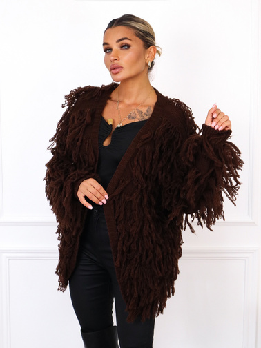 KARDIGAN DZIANINOWY Z FRĘDZLAMI- CZEKOLADOWY