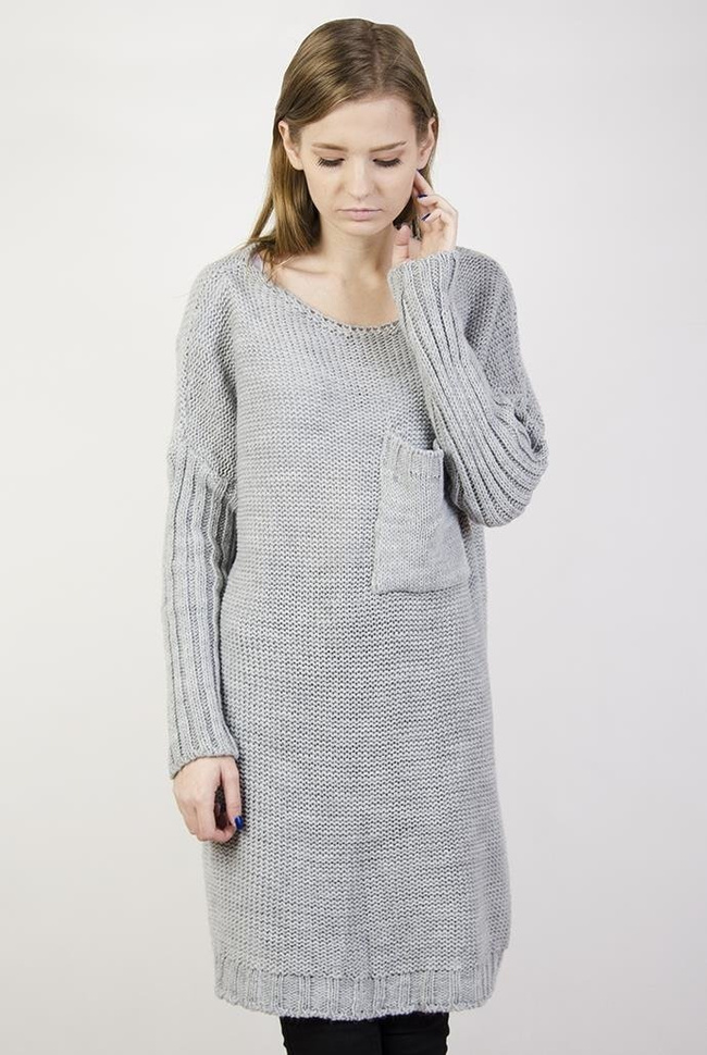 Długi szary sweter z kieszenią