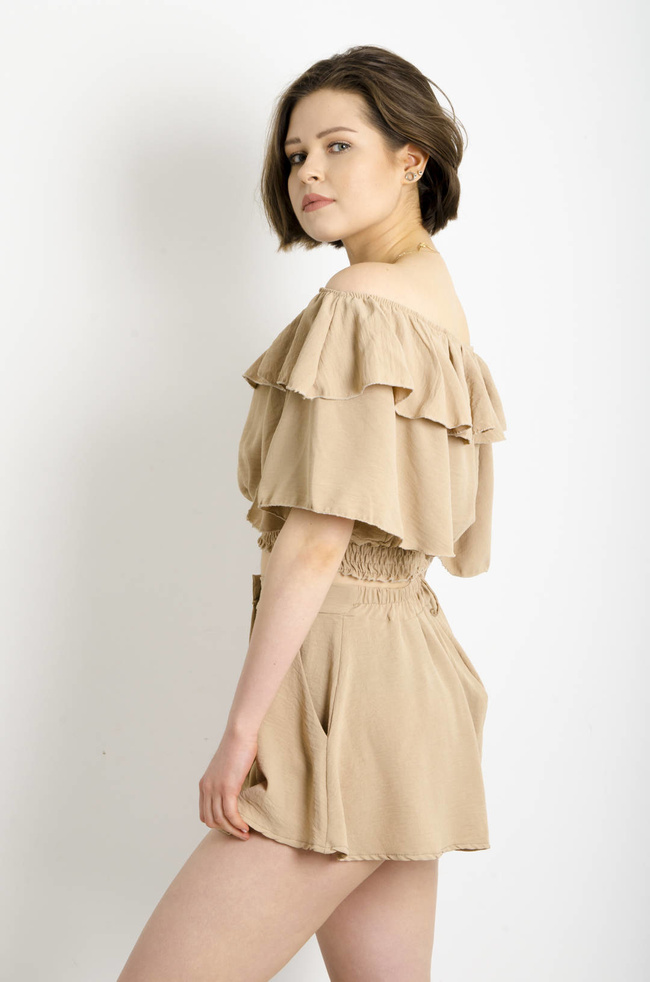 BEŻOWY KOMPLET HISZPANKA + SPODENKI Z WYSOKIM STANEM