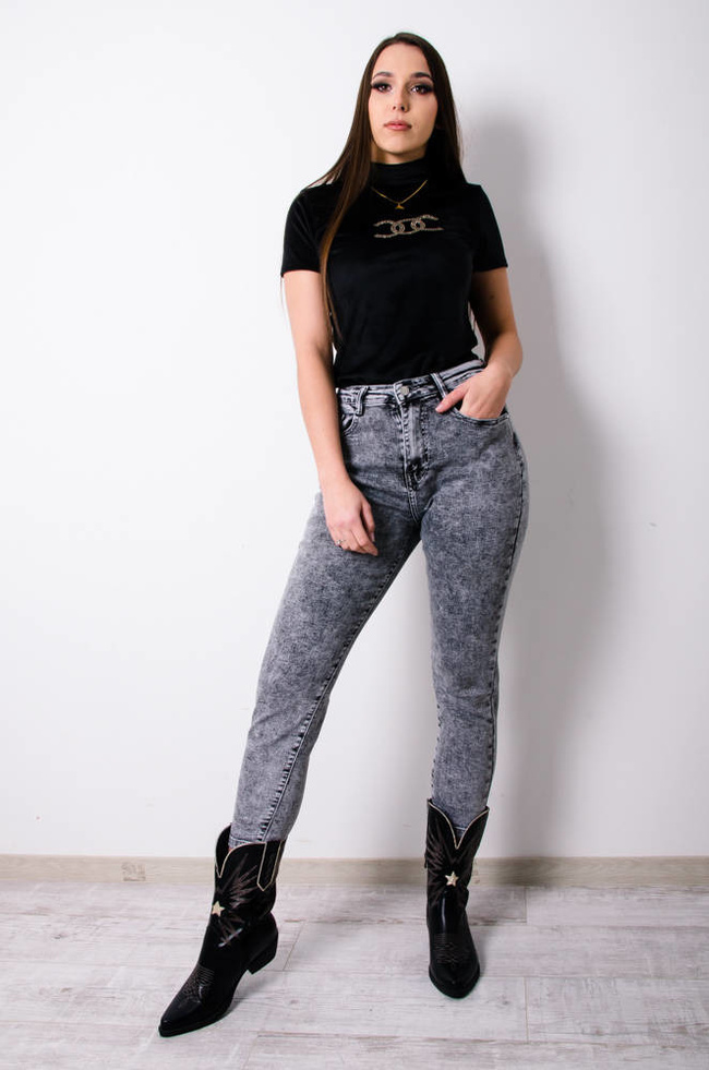 SZARE DEKATYZOWANE SPODNIE JEANSOWE Z WYSOKIM STANEM