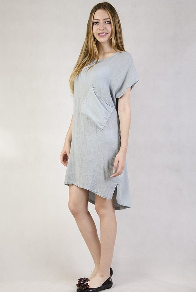 Asymetryczna sukienka z dużą kieszenią szara