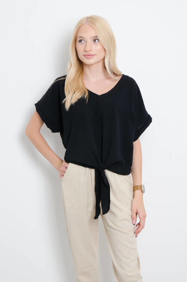 BLUZKA Z WIĄZANIEM DEKOLT V - CZARNA
