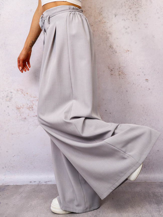 SPODNIE MATERIAŁOWE Z SZEROKIMI NOGAWKAMI I WIĄZANIEM W PASIE- SZARE