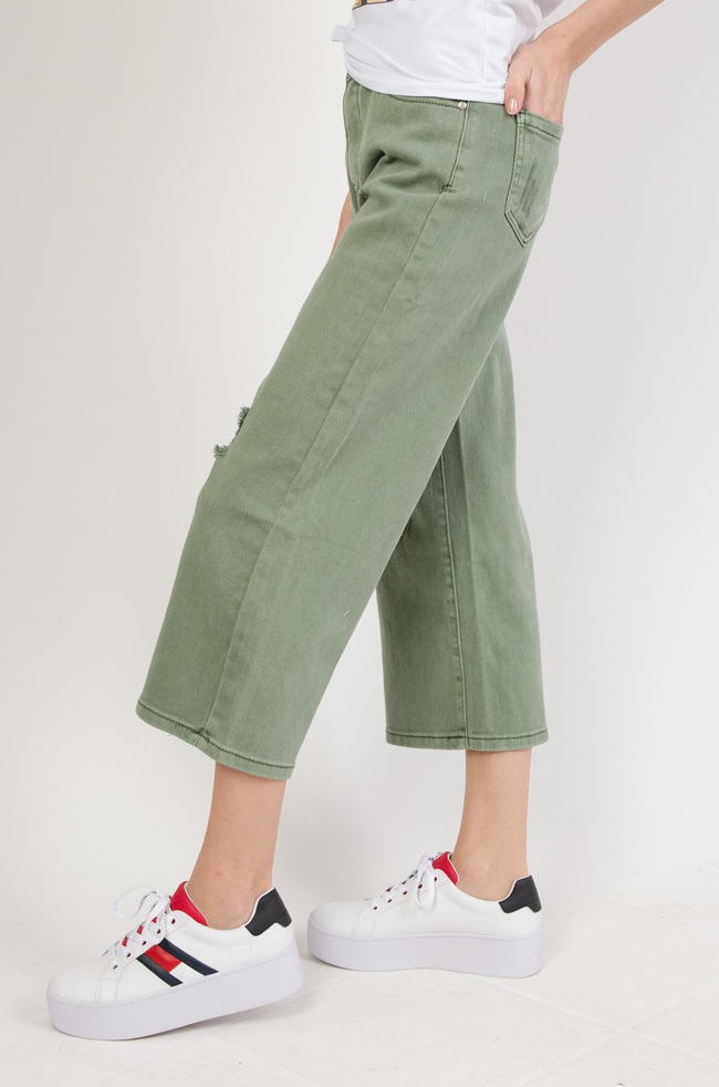 Zielone spodnie jeansowe z szeroką nogawką