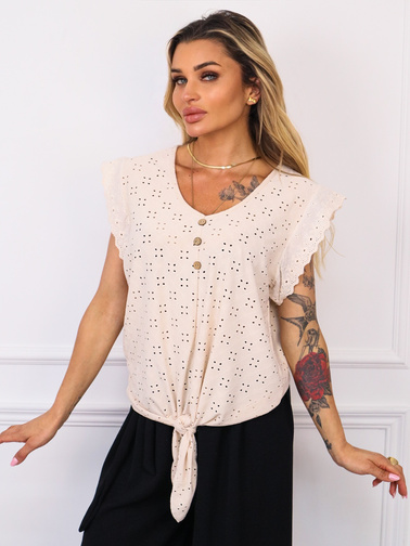 BLUZKA AŻUROWA Z WIĄZANIEM I GUZIKAMI- BEŻOWA