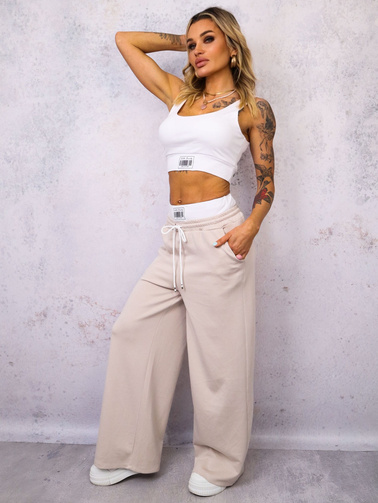 KOMPLET DRESOWY TOP Z NASZYWKĄ+ SPODNIE Z KONTRASTOWYM PASEM- BEŻOWY