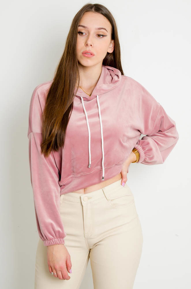 ROŻOWA WELUROWA BLUZA Z KAPTUREM -LUŹNY KRÓJ
