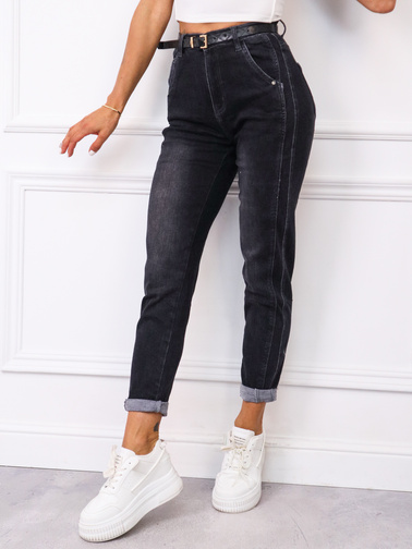 SPODNIE JEANSOWE Z PRZESZYCIAMI I WYSOKIM STANEM- CIEMNOSZARE