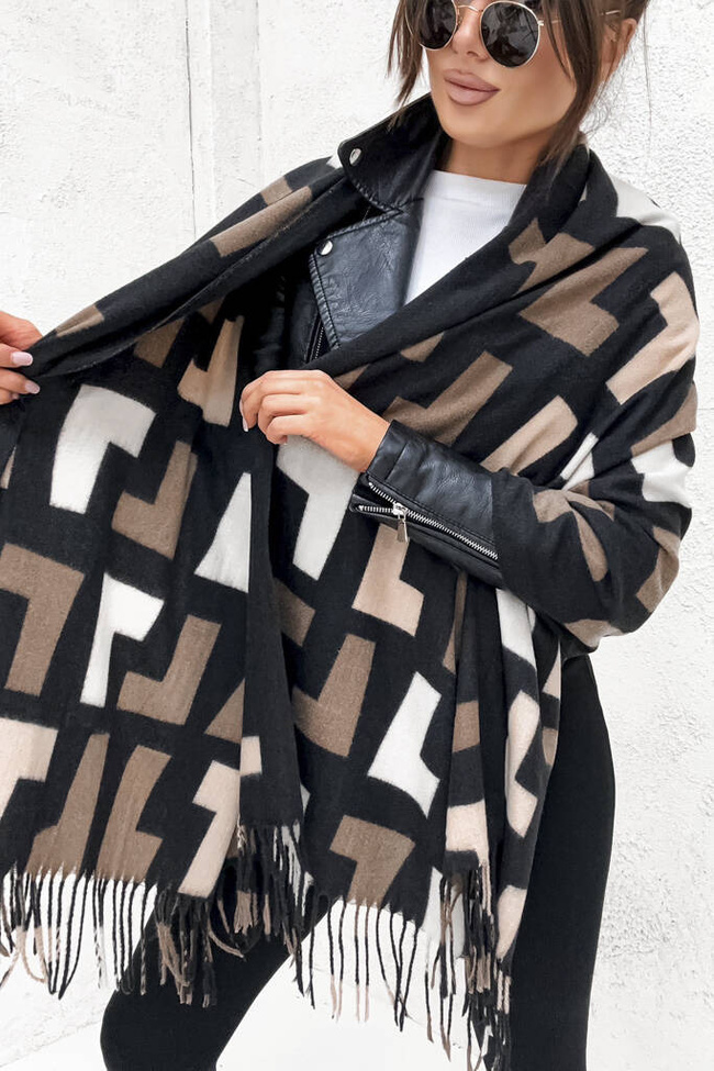 SZAL WZORZYSTY Z FRĘDZLAMI- CZARNY