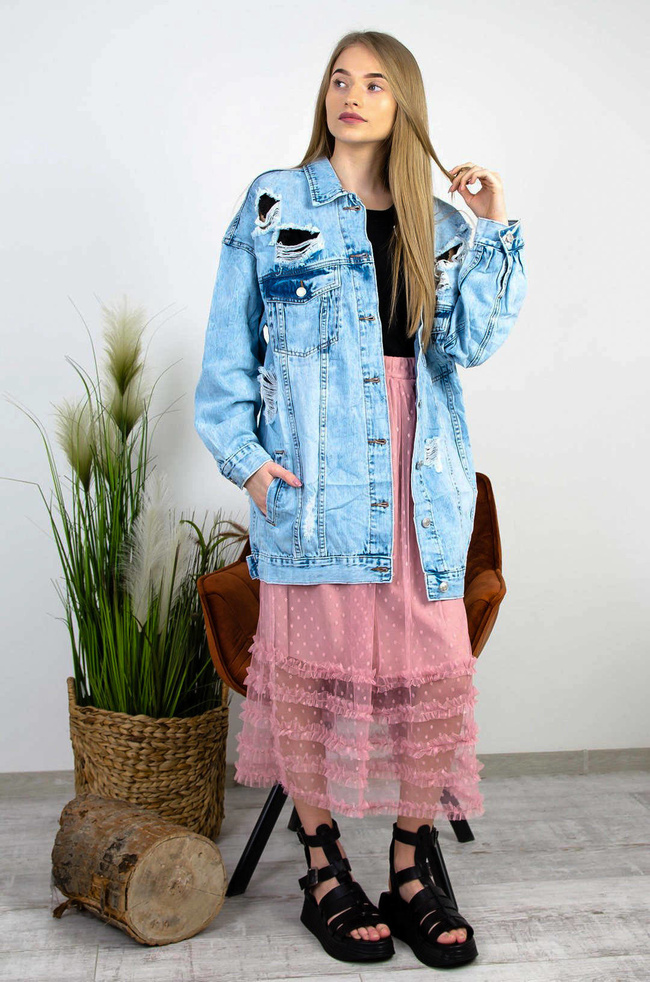 DŁUGA KURTKA JEANSOWA Z PRZETARCIAMI ( DUŻE ROZMIARY M-3XL )