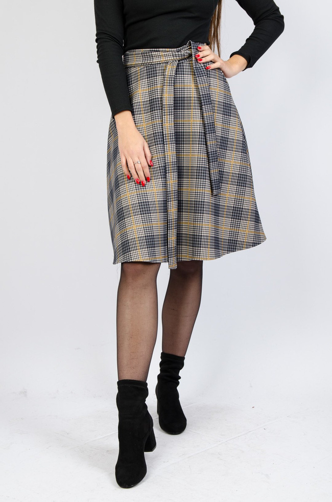 Spódnica midi w granatową kratę z wiązaniem w pasie