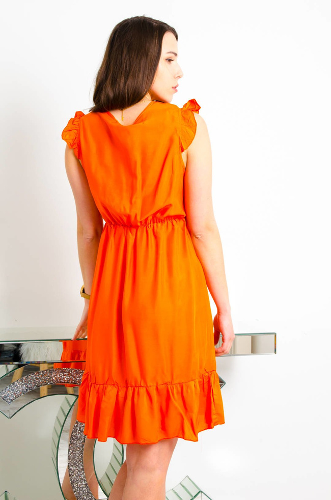 POMARAŃCZOWA KRÓTKA ZWIEWNA SUKIENKA Z KOPERTOWYM DEKOLTEM 