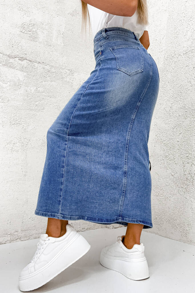 SPÓDNICA JEANSOWE MAXI Z ROZCIĘCIEM- GRANATOWA