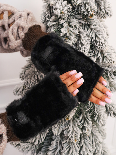 RĘKAWICZKI FUTRZANE BEZ PALCÓW Z LOGO- CZARNY