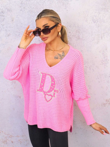 SWETER OVERSIZE O KROJU NIETOPERZA Z OZDOBNĄ APLIKACJĄ- RÓŻOWY