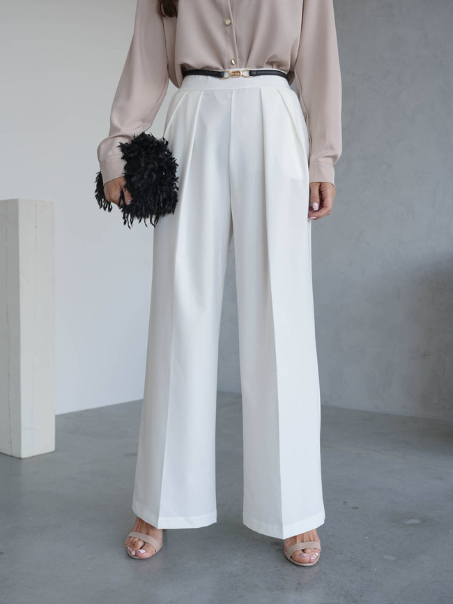 SPODNIE ELEGANCKIE MATERIAŁOWE Z KANTEM- ECRU