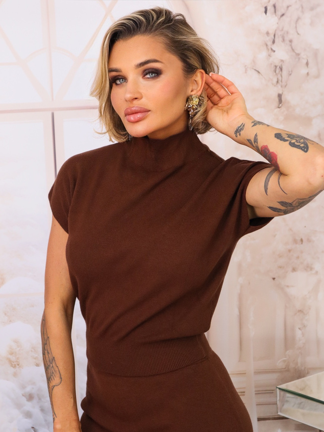 KOMPLET DZIANINOWY BLUZKA+ SPÓDNICA MIDI- CZEKOLADOWA