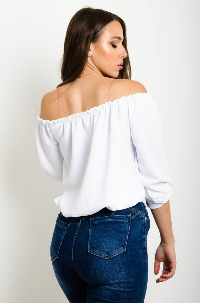 BIAŁA BLUZKA Z GUMĄ W DEKOLCIE ORAZ WIĄZANIEM NA DOLE