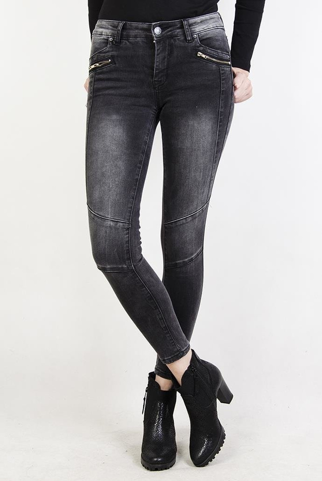 Szare spodnie rurki jeansowe z zamkami i przeszyciami