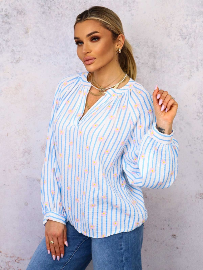 BLUZKA KOSZULOWA W PASKI I KWIATKI- NIEBIESKA
