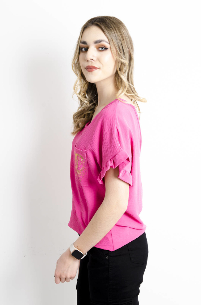 T-SHIRT Z OZDOBNYM ŁAŃCUSZKIEM I FALBANKAMI PRZY RĘKAWACH- RÓŻOWY