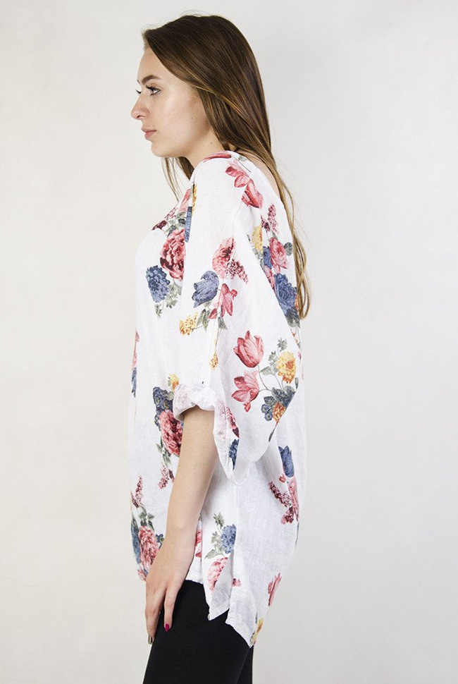 Biała bluzka z lnu, w kwiaty