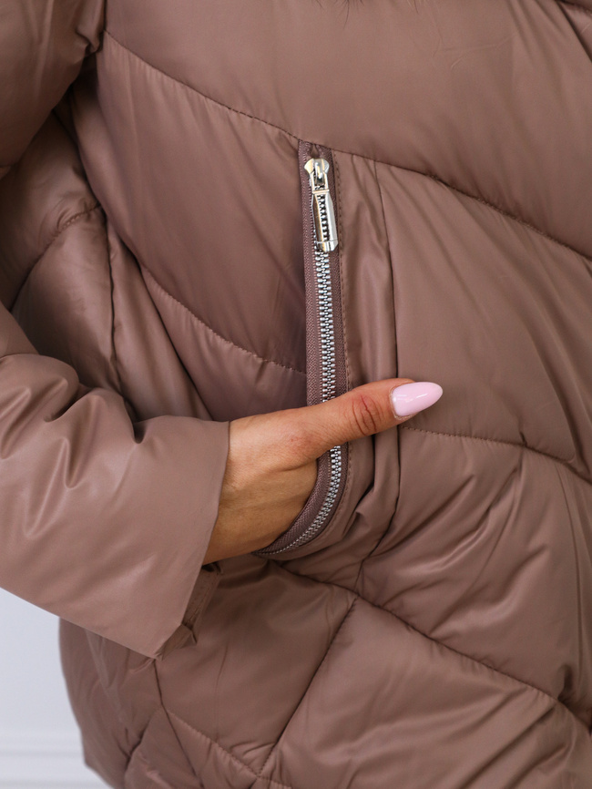 KURTKA ASYMETRYCZNA Z FUTERKIEM I KIESZENIAMI NA ZAMKI-BRĄZOWA