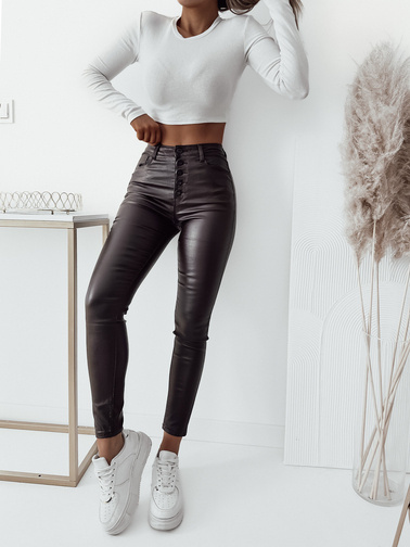 SPODNIE WOSKOWANE Z GUZIKAMI I WYSOKIM STANEM- CIEMNY BRĄZ