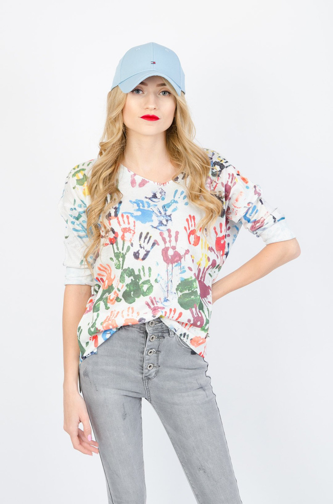 BIAŁA BLUZKA W SZPIC Z KOLOROWYM NADRUKIEM